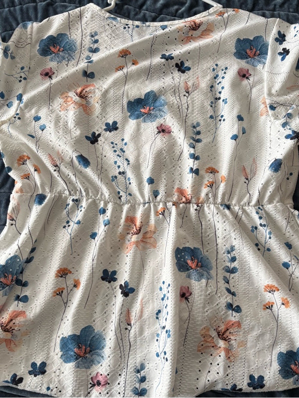 White Eyelet Floral Lace-Trim Blouse - Blue & Peach Flowers - Picture 3 of 3